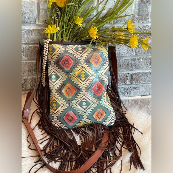 Aztec print with fringe crossbody purse with adj strap leather USA made - Picture 4 of 14